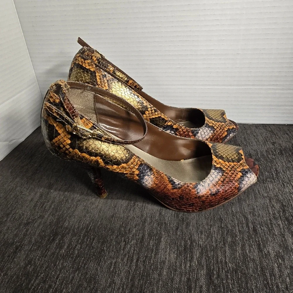 Diba Snakeskin Print Peep Toe Ankle Strap Pumps Brown Orange Gold Size 8.5M
